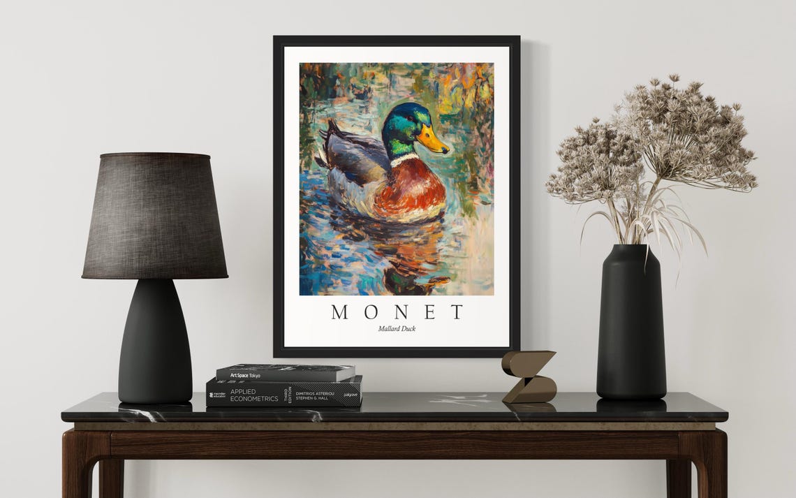 Mallard Duck Swimming in Monet Style Impressionist Art Poster - Image 3