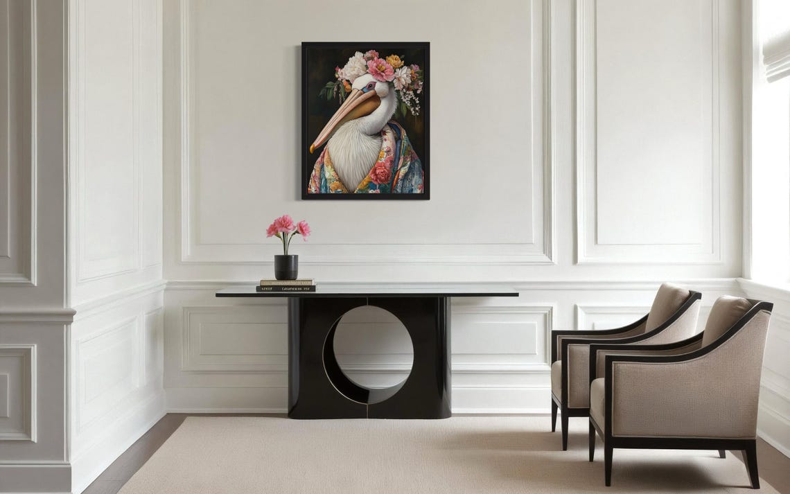 White Pelican in Flower Crown and Floral Robe Portrait Poster - Image 2