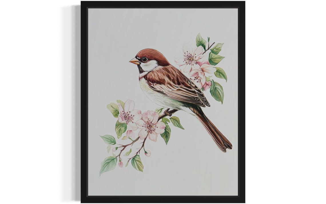 House Sparrow Perched on a Cherry Blossom Branch Watercolor Poster