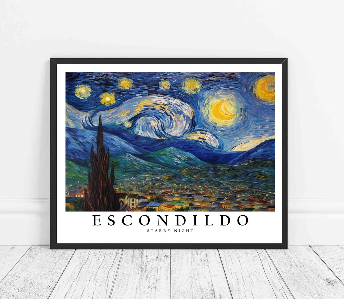 Escondildo Starry Night City Hills Tall Cypress Tree View Poster