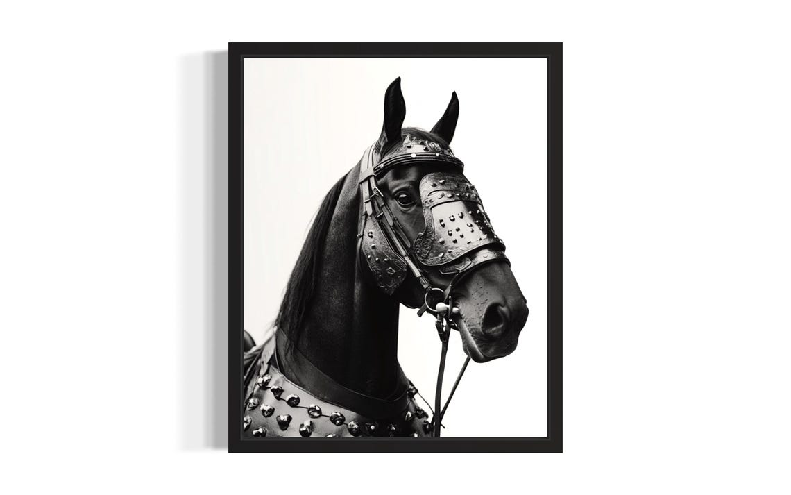 Armored Black Horse Studded Knight Barding Medieval Warrior Poster