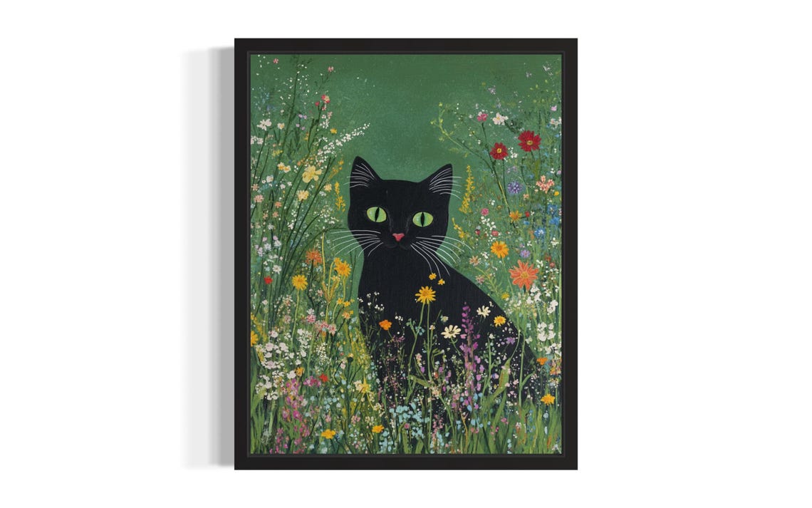 Black Cat in Wildflower Meadow Whimsical Floral Cat Art Poster