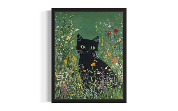 Black Cat in Wildflower Meadow Whimsical Floral Cat Art Poster