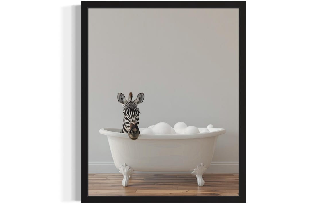 Zebra Peeking Out of a White Bubble Bath Tub Minimalist Photo Poster