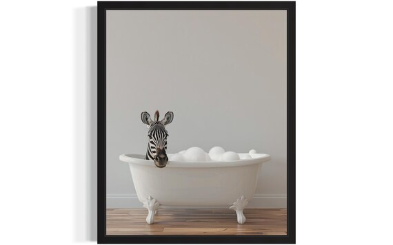 Zebra Peeking Out of a White Bubble Bath Tub Minimalist Photo Poster