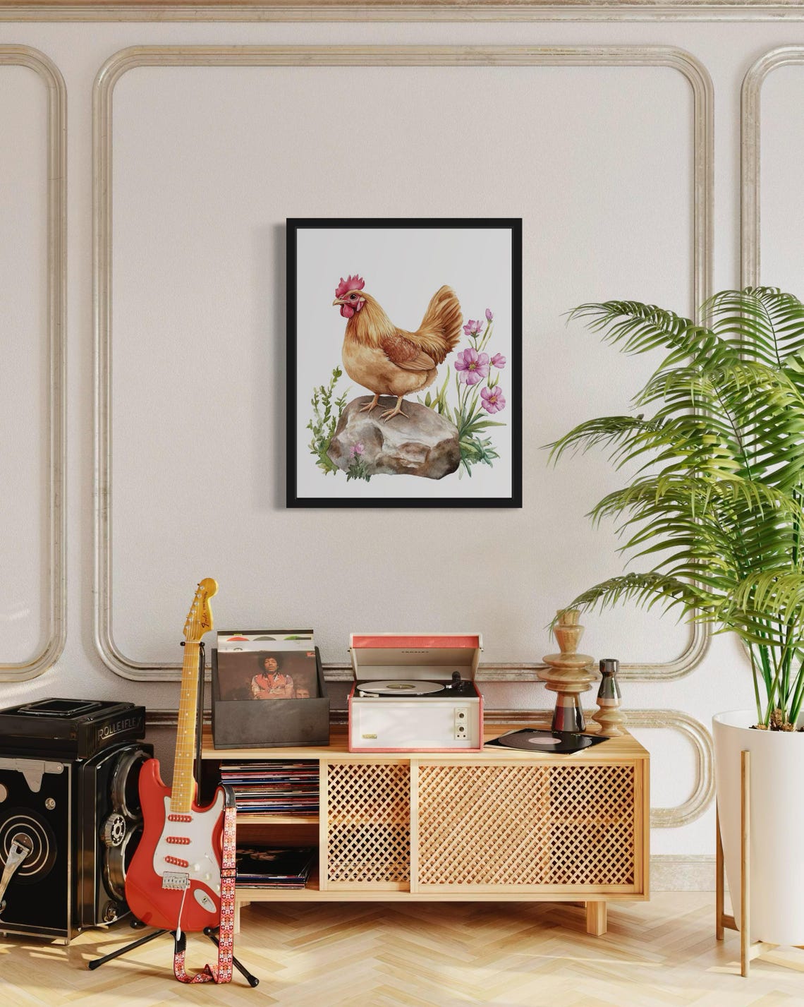 Proud Golden Rooster on Stone with Pink Flowers Watercolor Poster - Image 4
