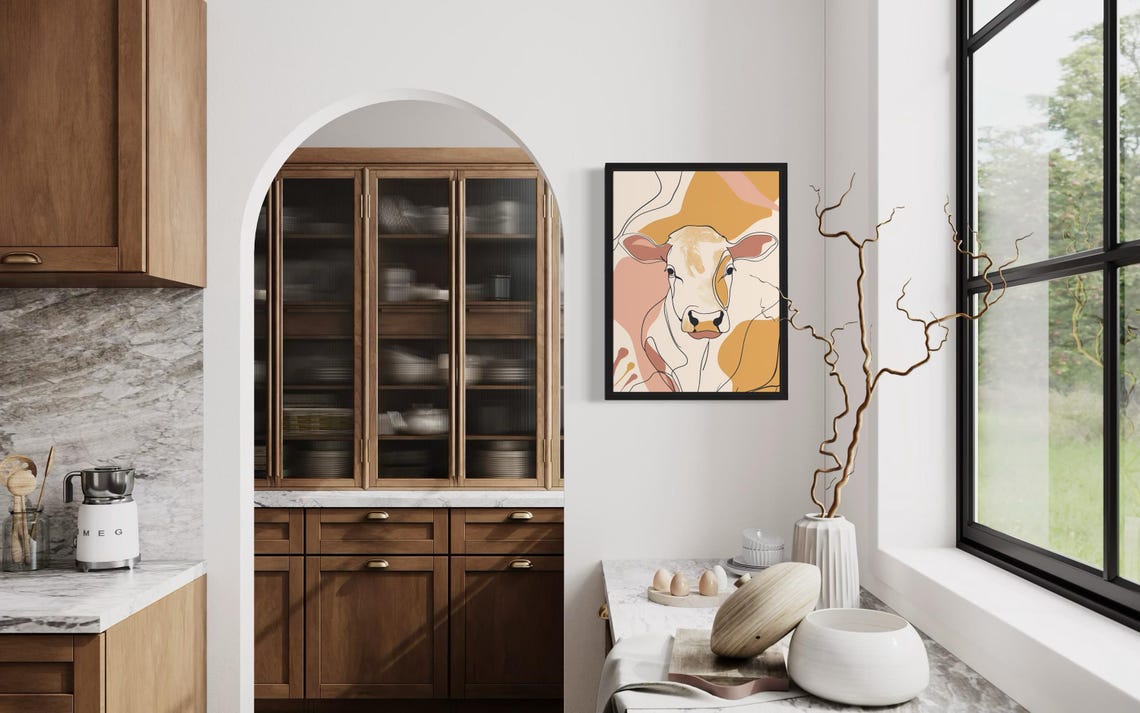 Cow Head Gentle Line Art Abstract Warm Beige Modern Art Poster - Image 4