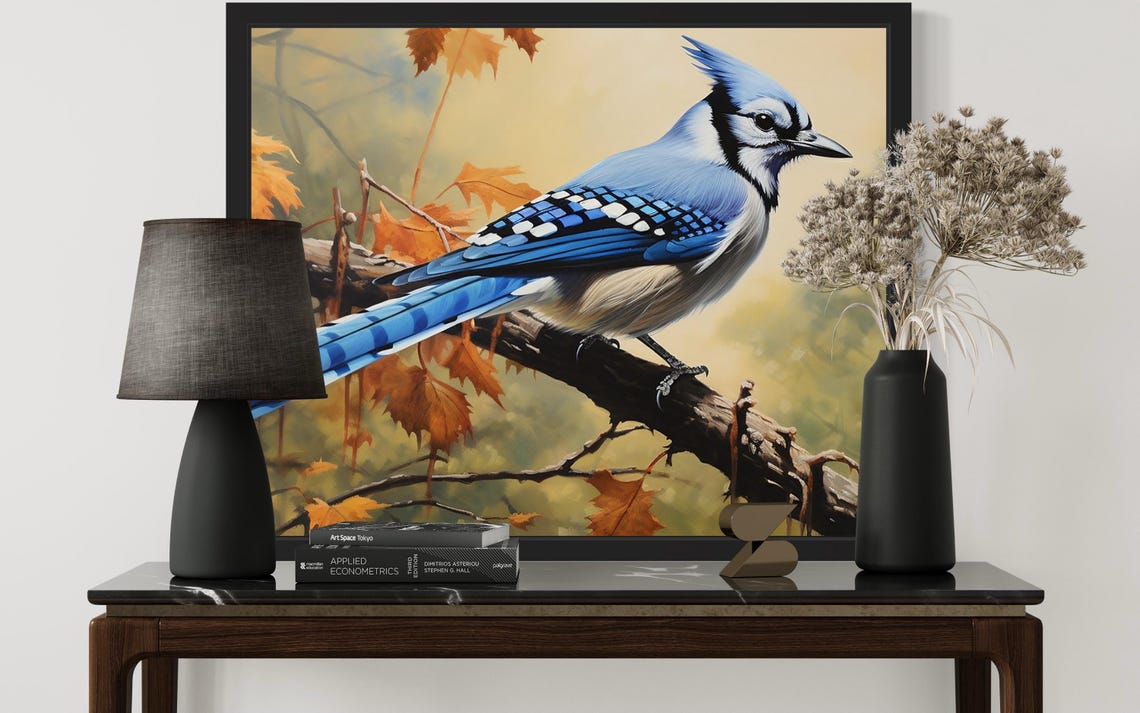 Blue Jay Perched on Autumn Branch Realistic Wildlife Bird Poster - Image 3