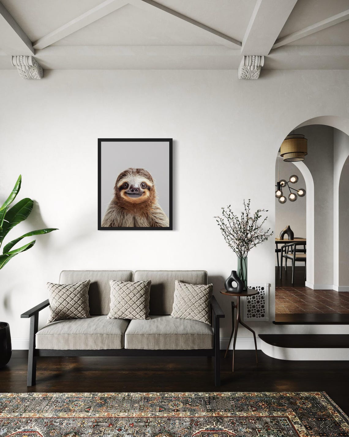 Happy Smiling Sloth Face Close-Up on Gray Background Photo Poster - Image 4