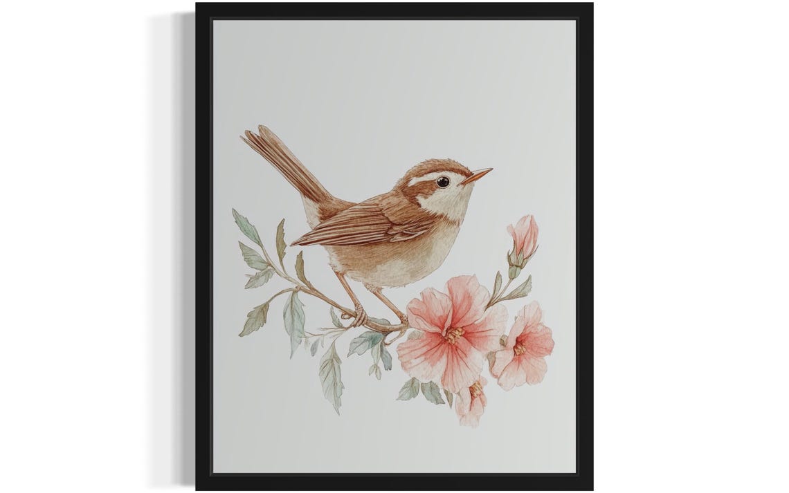 Carolina Wren Perched On Pink Blossom Watercolor Bird Poster