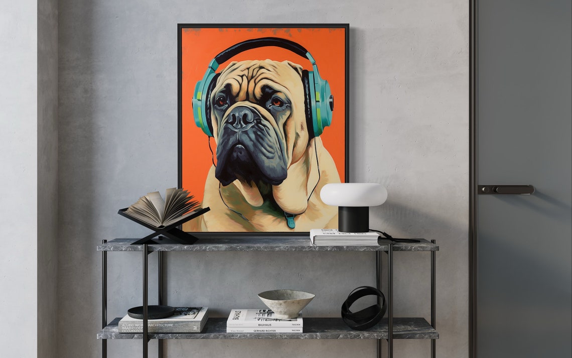 English Mastiff Wearing Headphones Orange Pop Art Dog Poster - Image 2