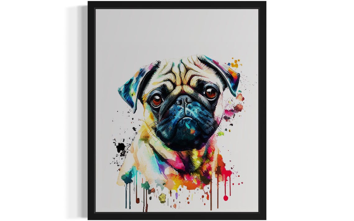 Soulful Pug Dog Face Multicolor Watercolor Splash Portrait Poster