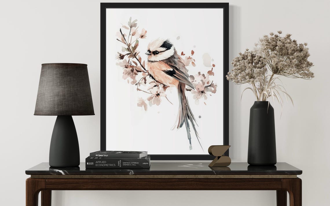 Long Tailed Tit on a Cherry Blossom Sprig Watercolor Bird Poster - Image 2