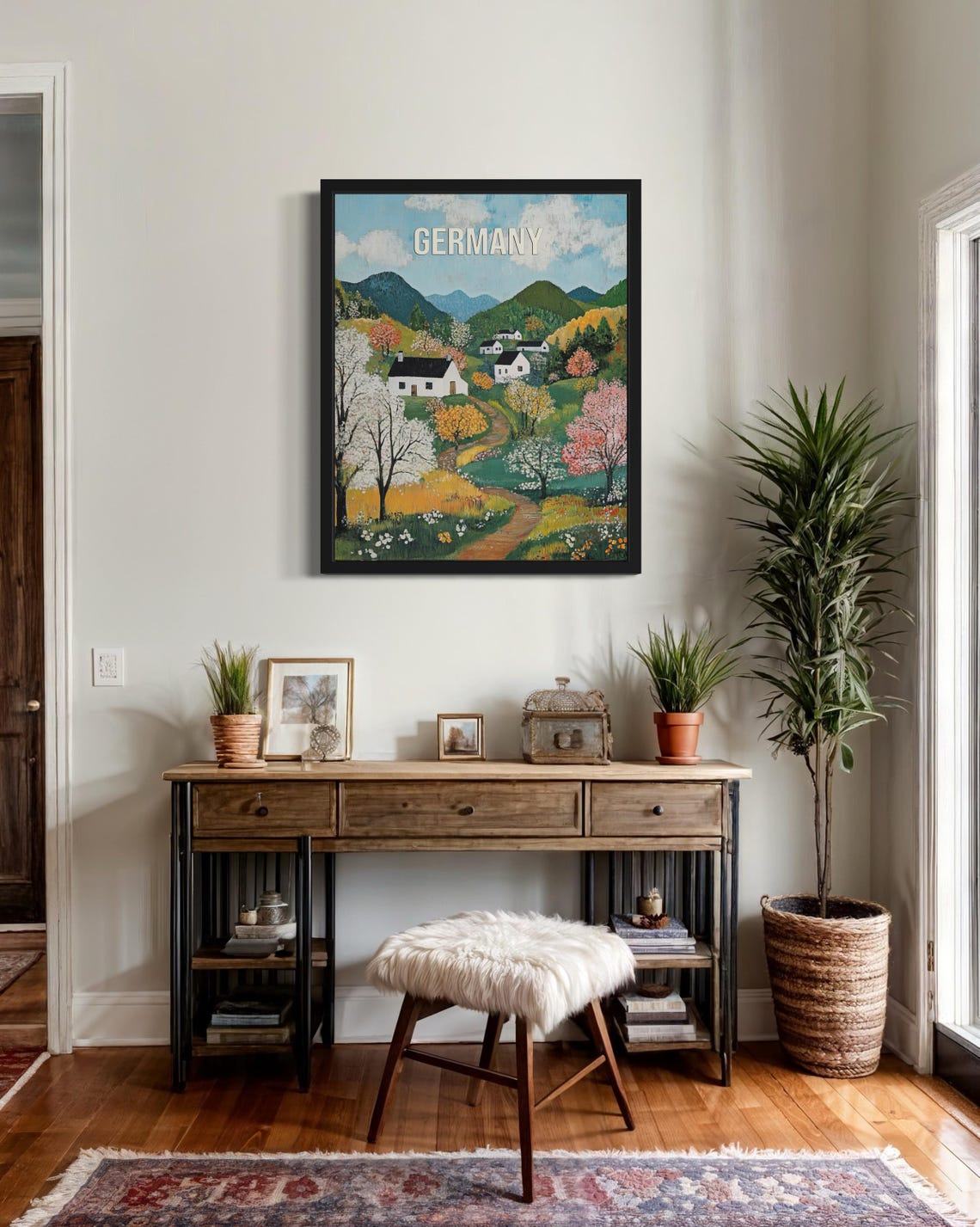 Germany Spring Blossom Village Rolling Green Hills Folk Art Poster - Image 2