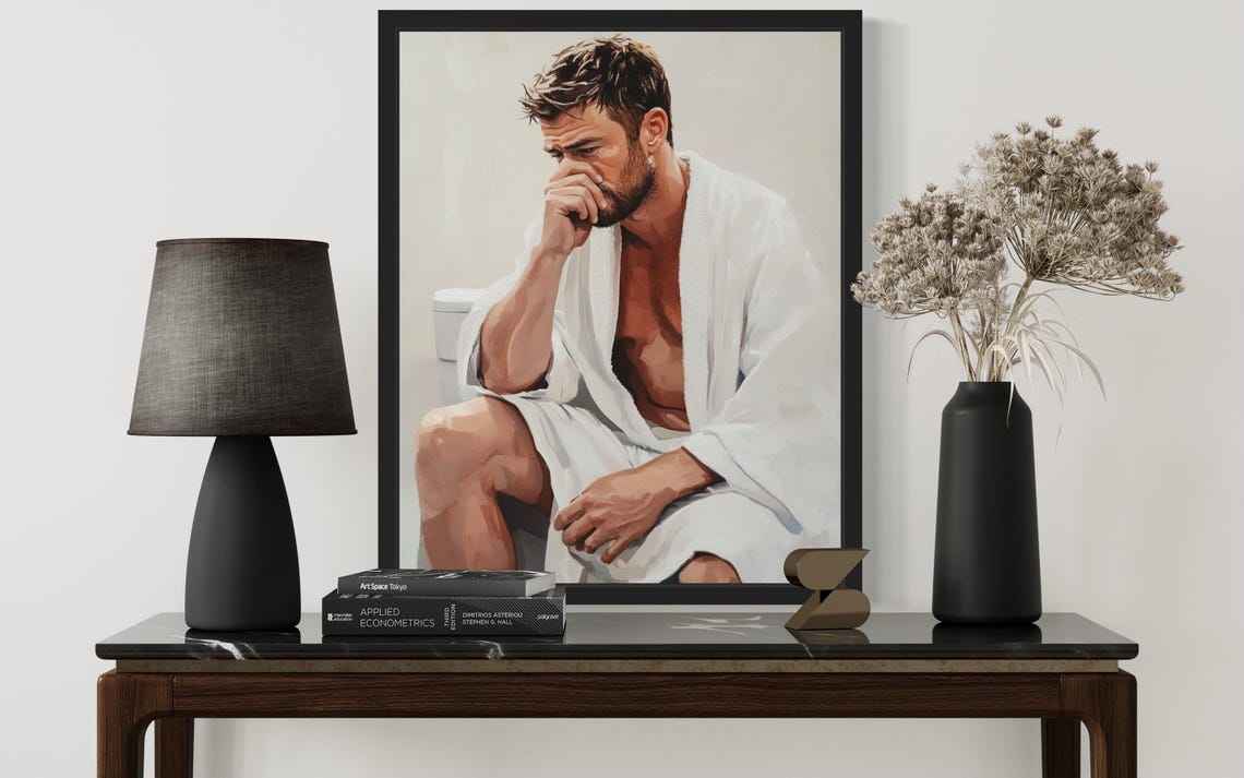 Man in White Robe Holding Nose on Toilet in Funny Pose Poster - Image 3