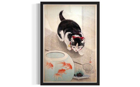 Curious Cat Goldfish Bowl Vintage Japanese Style Illustration Poster