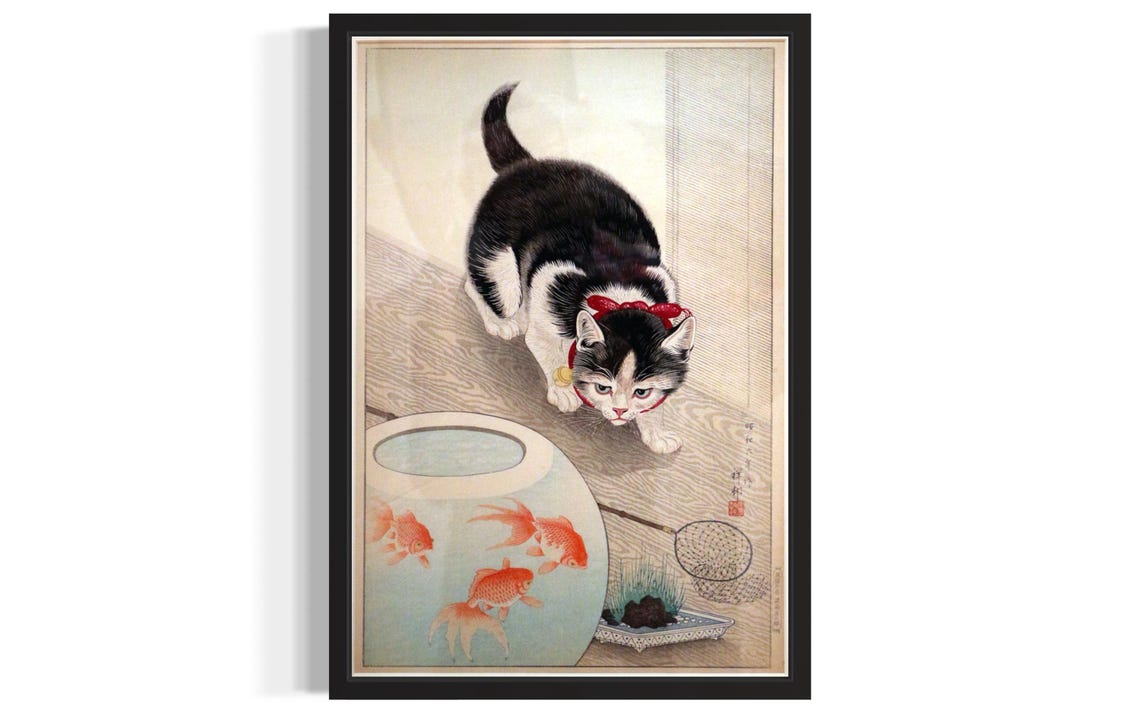 Curious Cat Goldfish Bowl Vintage Japanese Style Illustration Poster