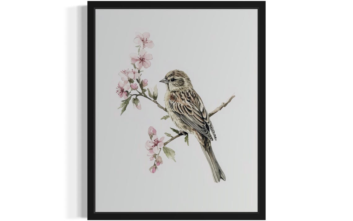 Pine Siskin Songbird on Cherry Blossoms Watercolor Bird Poster