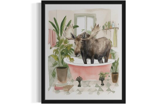 Moose Standing in a Pink Bathtub Funny Watercolor Bathroom Poster