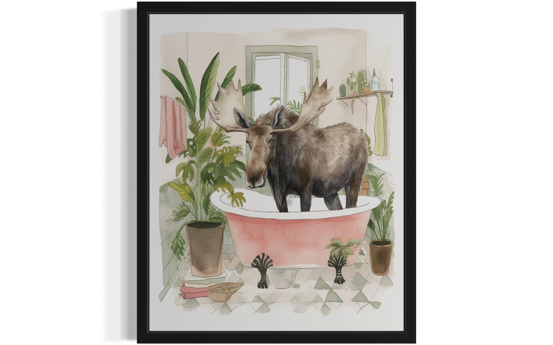 Moose Standing in a Pink Bathtub Funny Watercolor Bathroom Poster