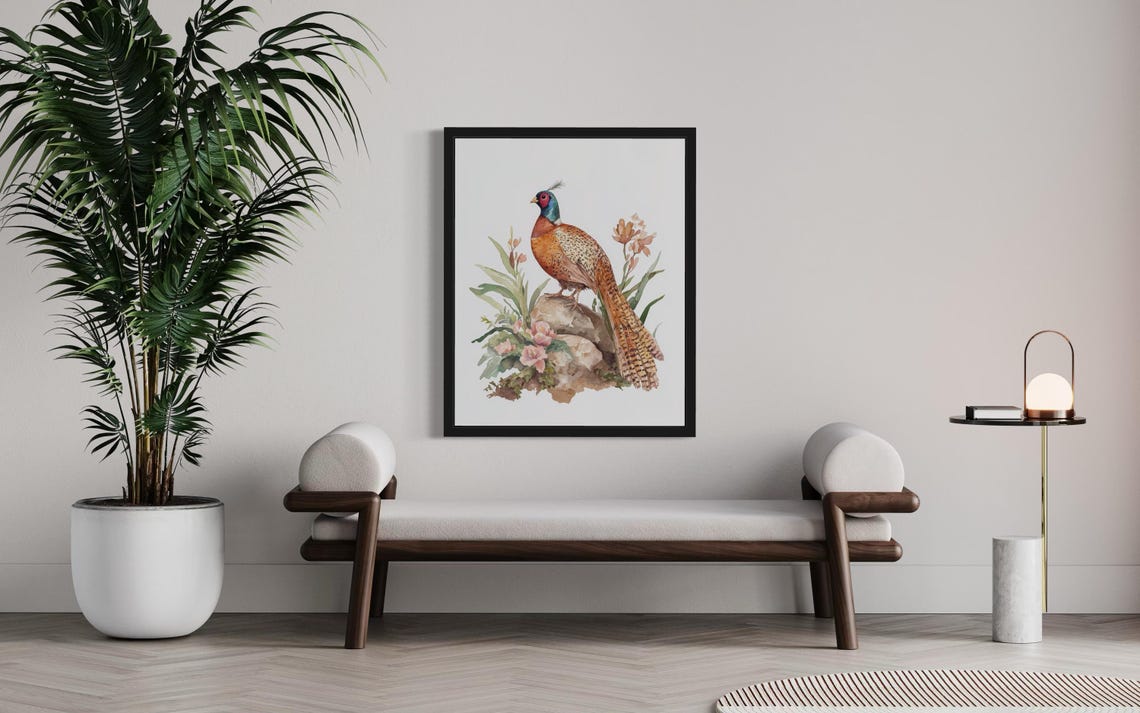 Ring Necked Pheasant Standing on a Rock Watercolor Game Bird Poster - Image 4