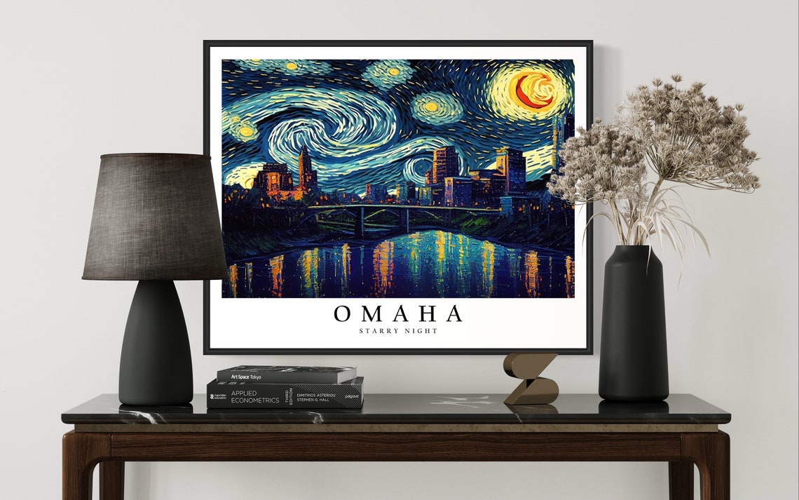 Omaha Starry Night Skyline River Bridge Van Gogh City Poster - Image 3