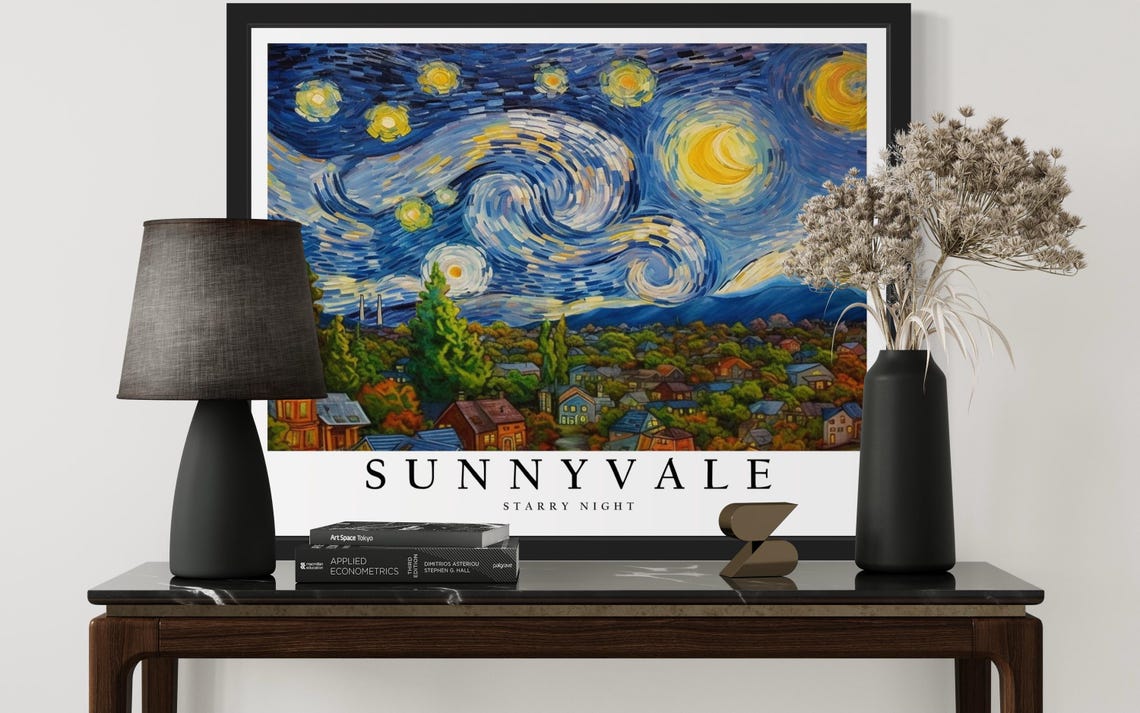 Sunnyvale California Starry Night Suburban Homes Trees Art Poster - Image 3