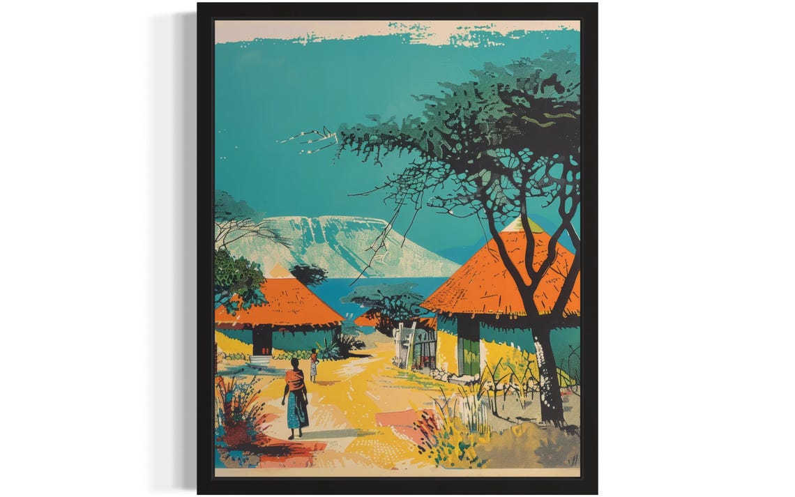 Colorful African Village Huts by the Lake Mountain Art Poster