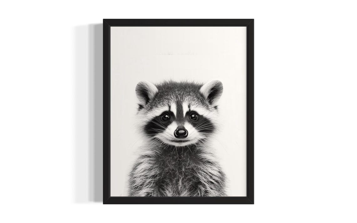 Baby Raccoon Portrait Monochrome Cute Wildlife Nursery Poster
