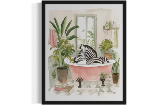 Zebra Relaxing in a Pink Bathtub Whimsical Watercolor Bathroom Poster