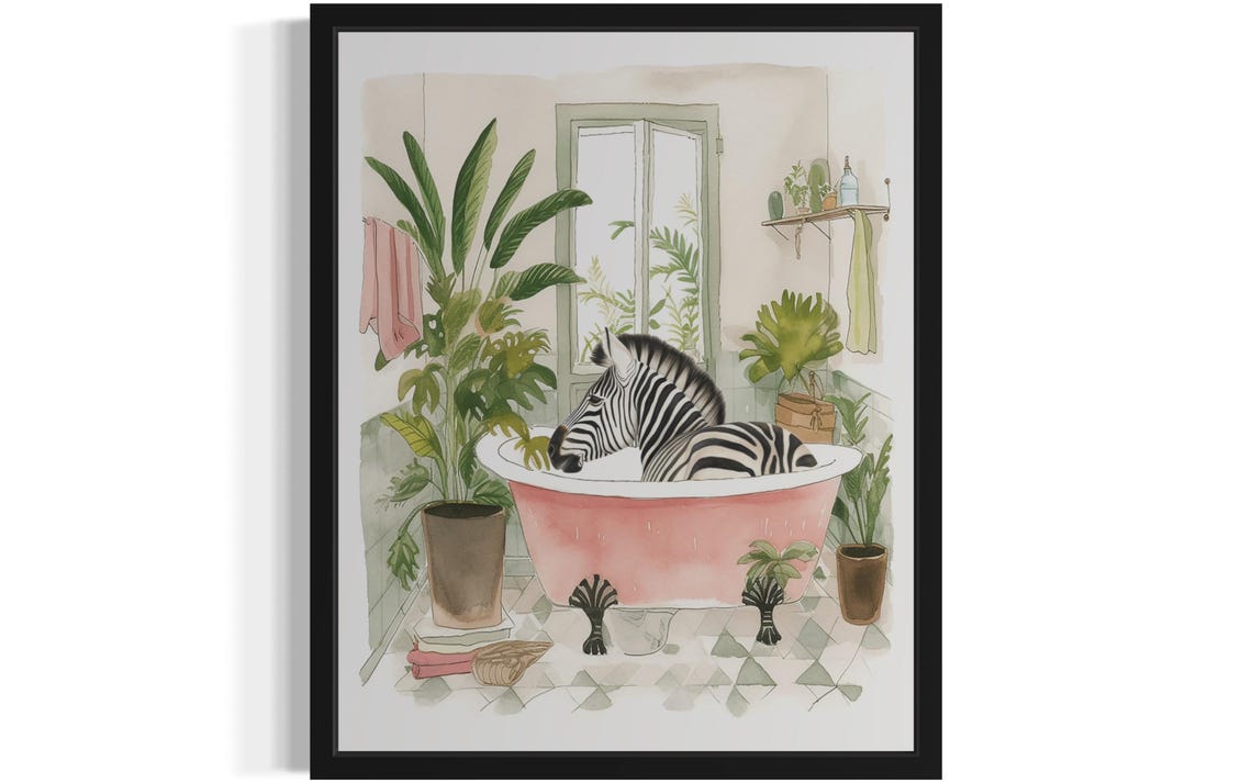 Zebra Relaxing in a Pink Bathtub Whimsical Watercolor Bathroom Poster