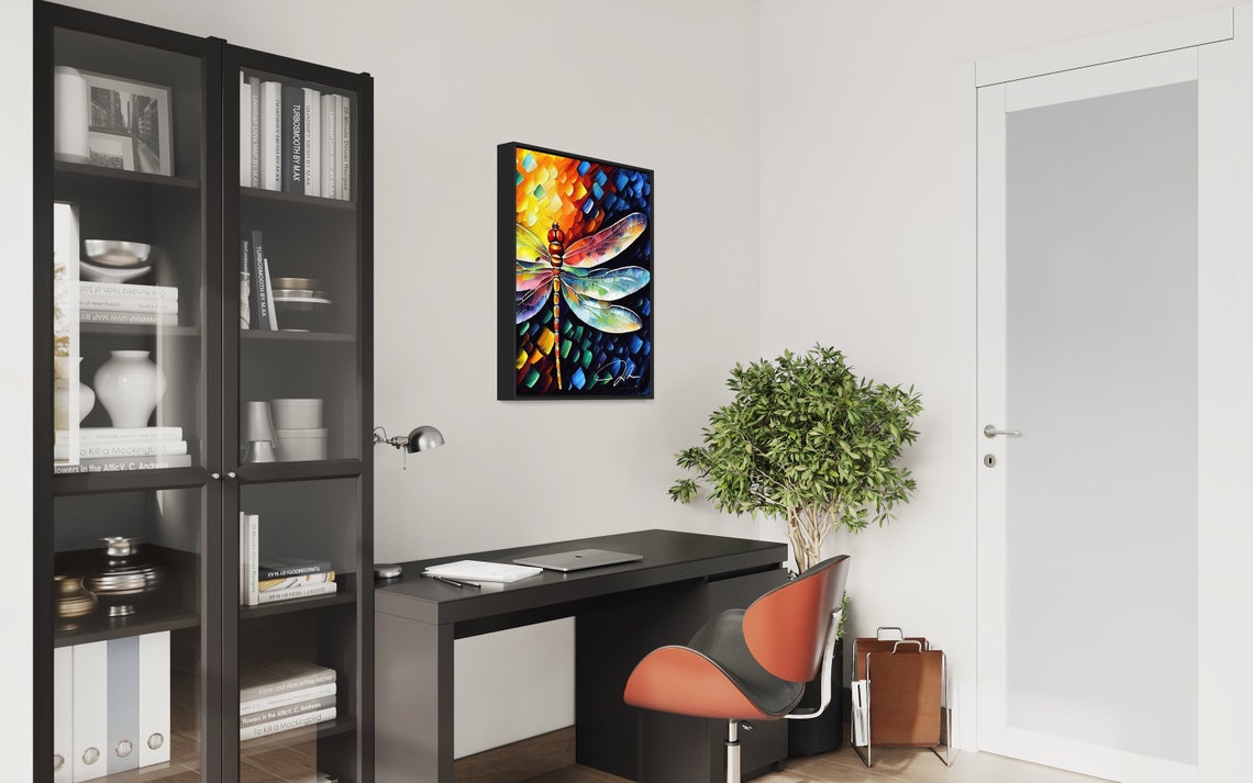 Colorful Dragonfly Mosaic Wings Glowing Oil Painting Nature Art Poster - Image 3