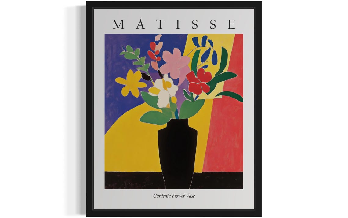 Gardenia Flower Vase in Tall Black Vase Matisse Style Art Poster