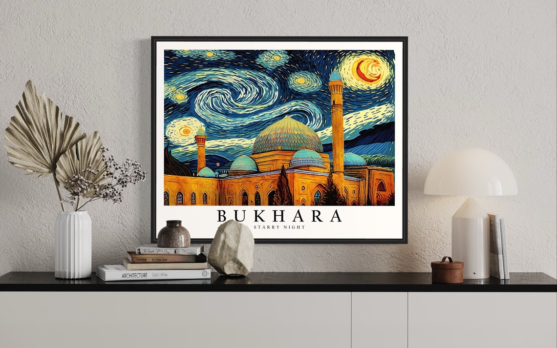 Bukhara Starry Night Mosque Domes Minarets Golden View Poster - Image 2