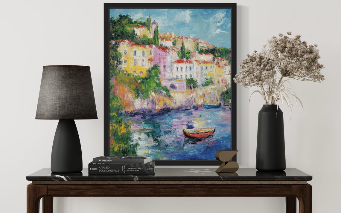 Portugal Coastal Hillside Town with a Boat Monet Style Poster - Image 3