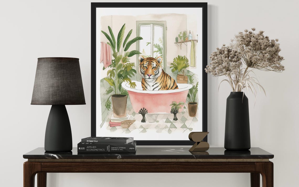 Tiger Bathing in a Pink Bathtub Funny Watercolor Bathroom Poster - Image 2