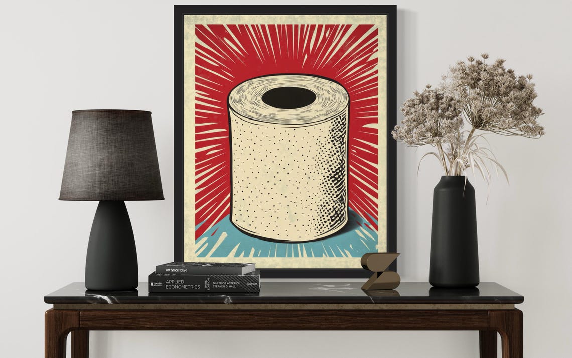 Toilet Paper Roll Retro Pop Poster Red Sunburst Bathroom Decor - Image 3