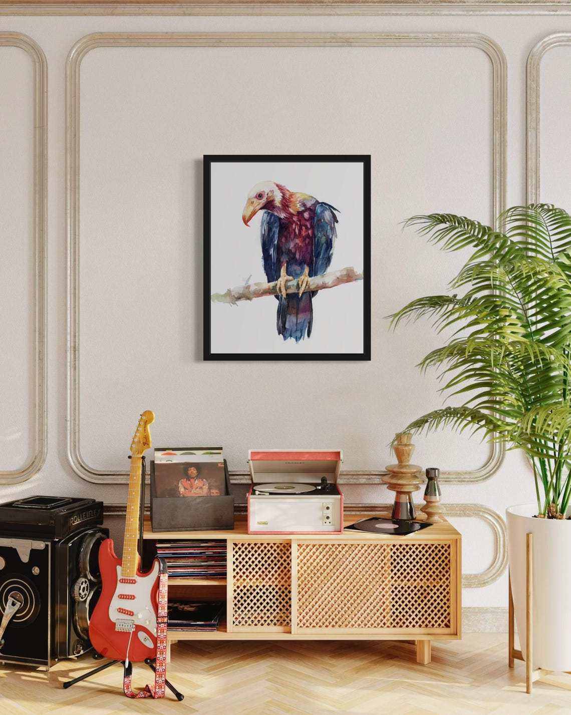 Condor Raptor Perched on a Branch Moody Watercolor Bird Poster - Image 4