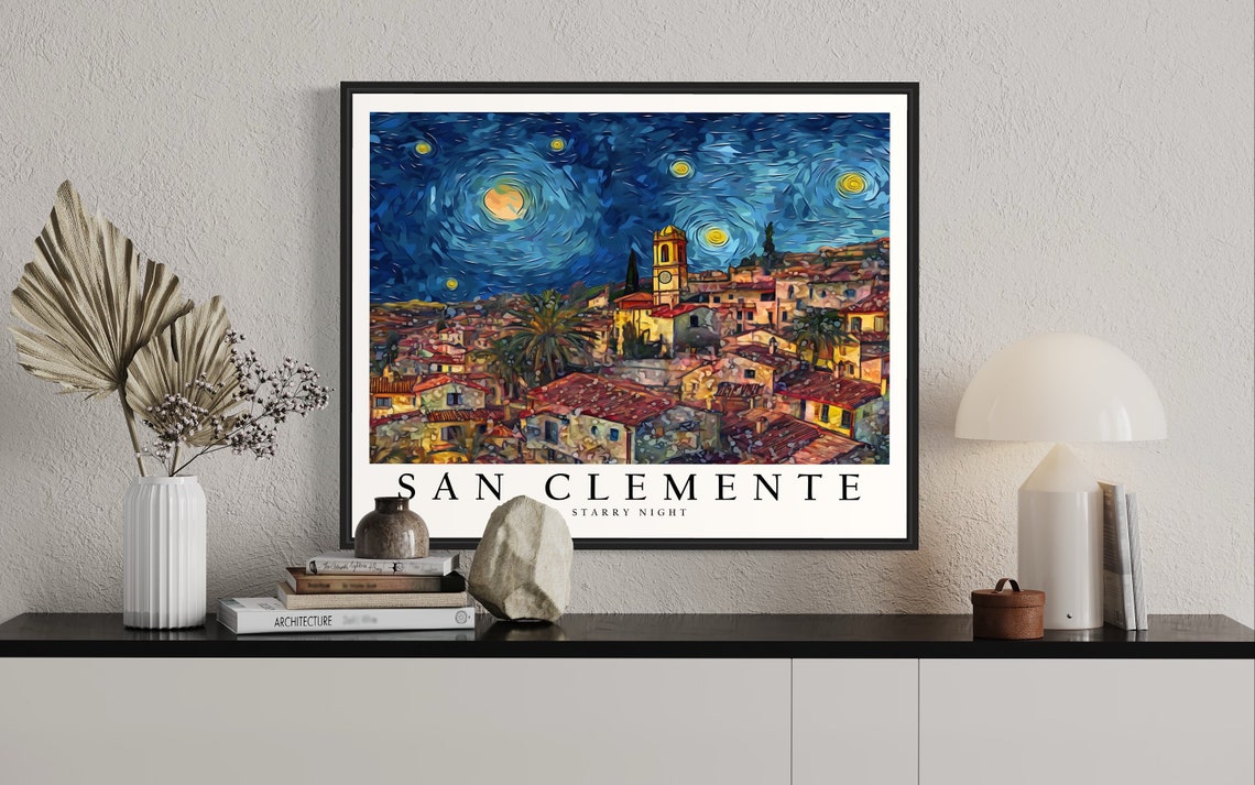 San Clemente Starry Night Hillside Town Church Tower Moonlit Poster - Image 2