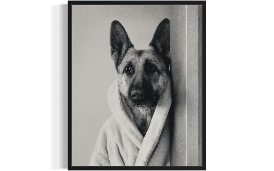 German Shepherd Bathrobe Peeking Funny Dog Bathroom Art Poster