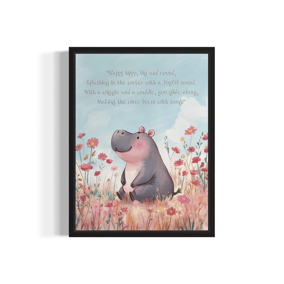 Happy Cheerful Baby Hippo with Its Splashy Poem Nursery Wall Poster