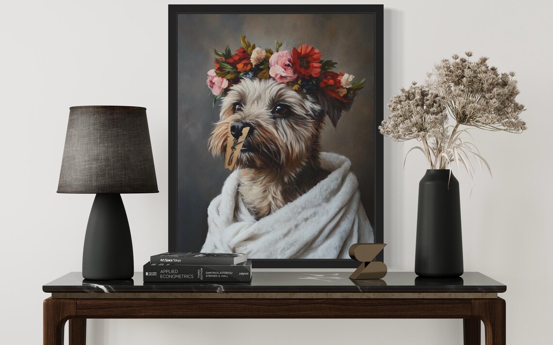 Flower Crown Puppy In Towel Funny Spa Day Dog Portrait Poster - Image 3