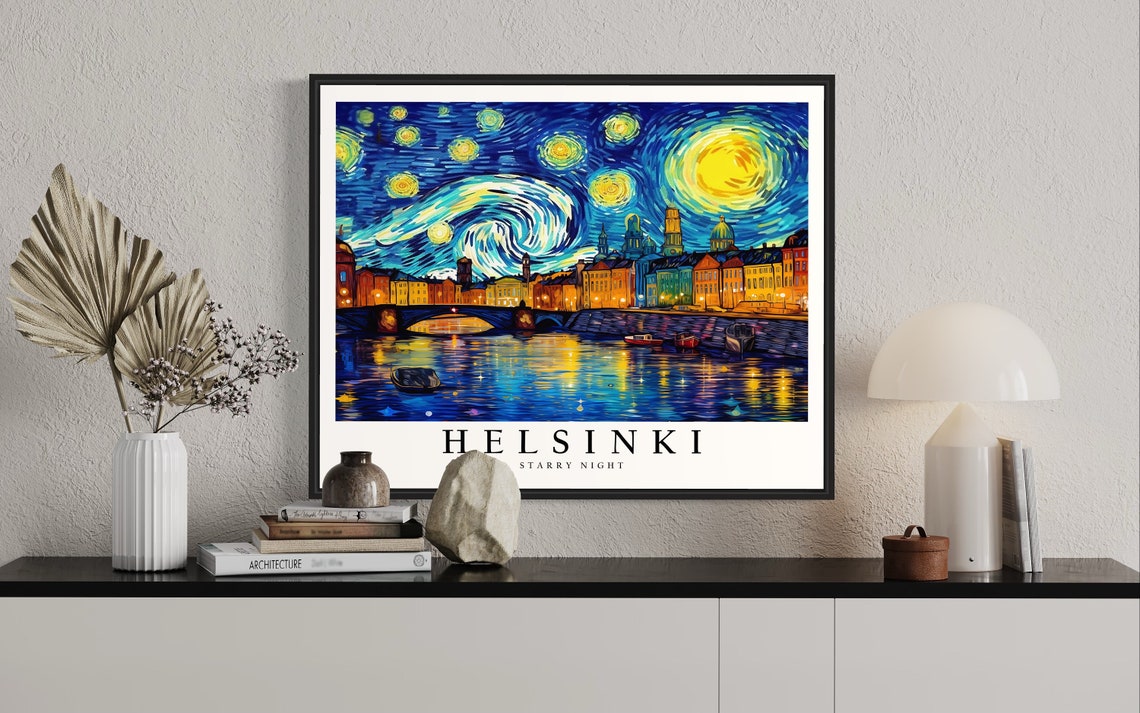 Helsinki Starry Night Harbor Bridge Waterfront Boats Night Poster - Image 2