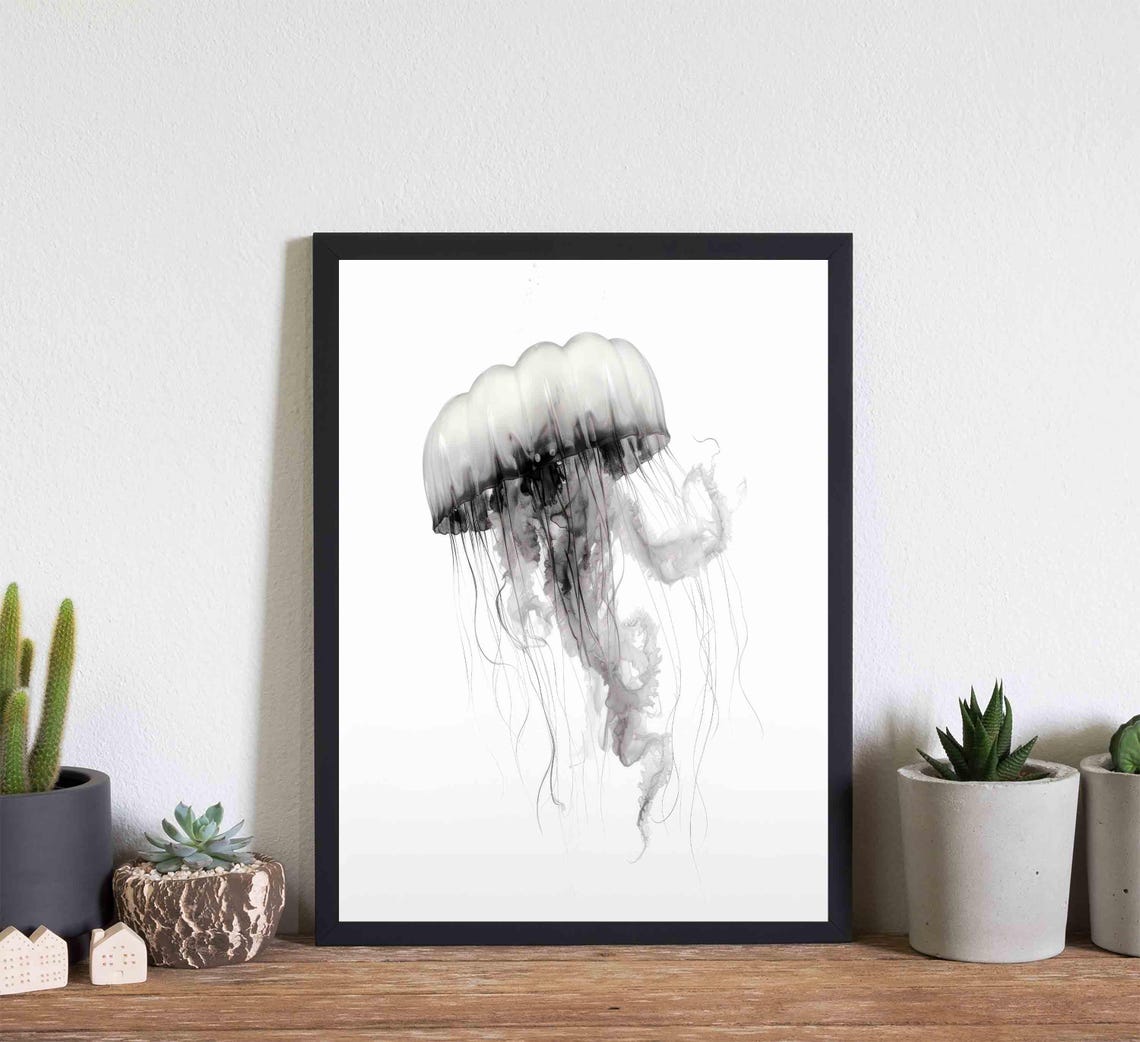 Ethereal Jellyfish Floating in Watercolor Black and White Art Poster - Image 4