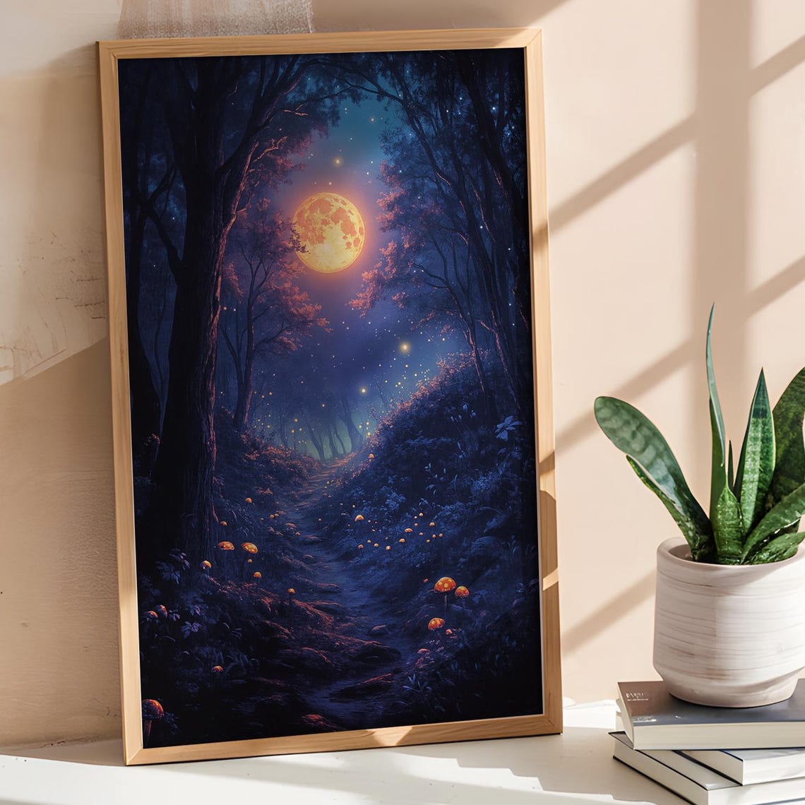 Enchanted Forest Giant Orange Moon Glowing Mushroom Path Poster
