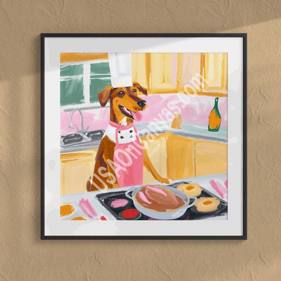 Happy Brown Dog Chef with Tray of Freshly Baked Dishes Poster