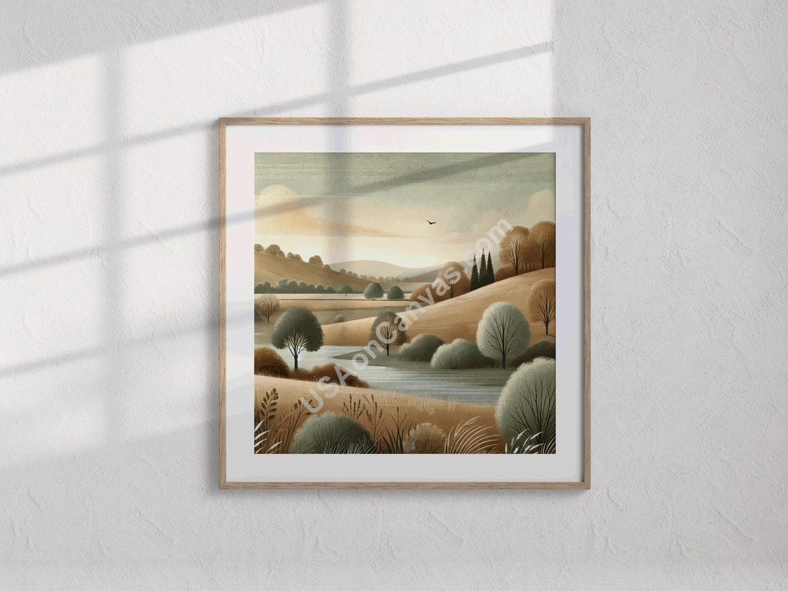 Serene Minimalist Pastel Countryside Hills And Lake View Poster