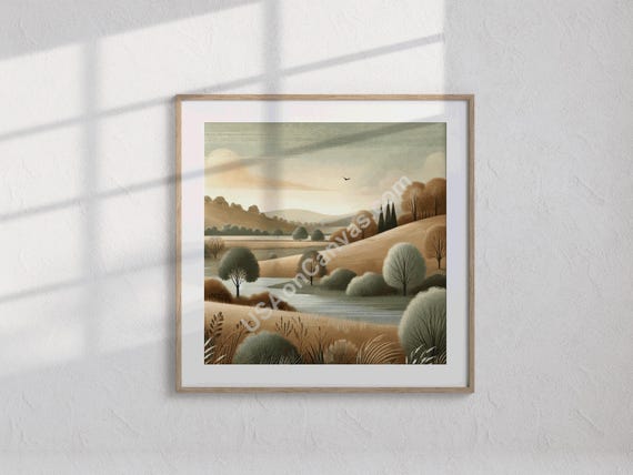 Serene Countryside Landscape Wall Art Minimalist Pastel Hills And Trees Print Tranquil Nature Illustration Art