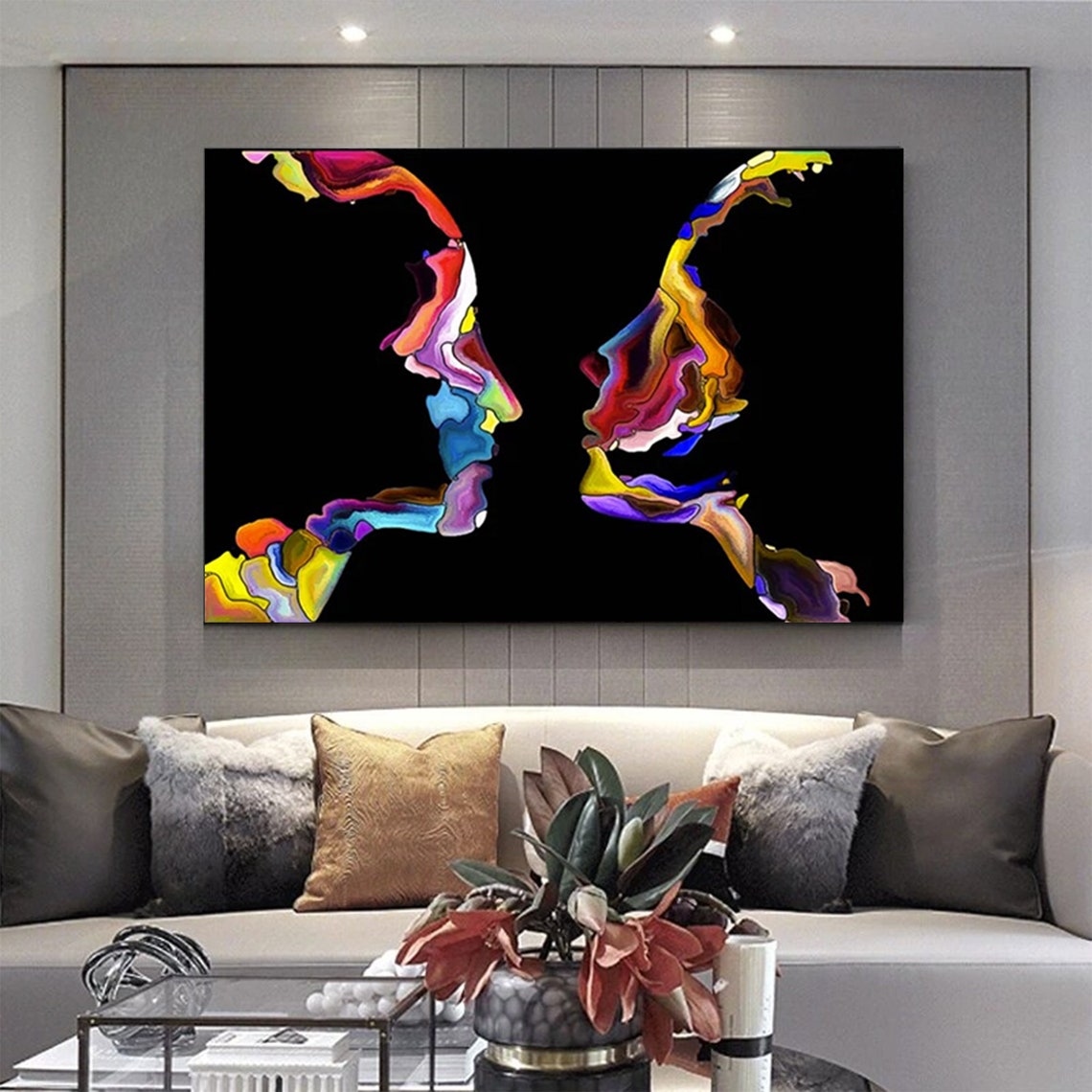 Two Lovers Kissing Colorful Abstract Faces in Profile Art Poster