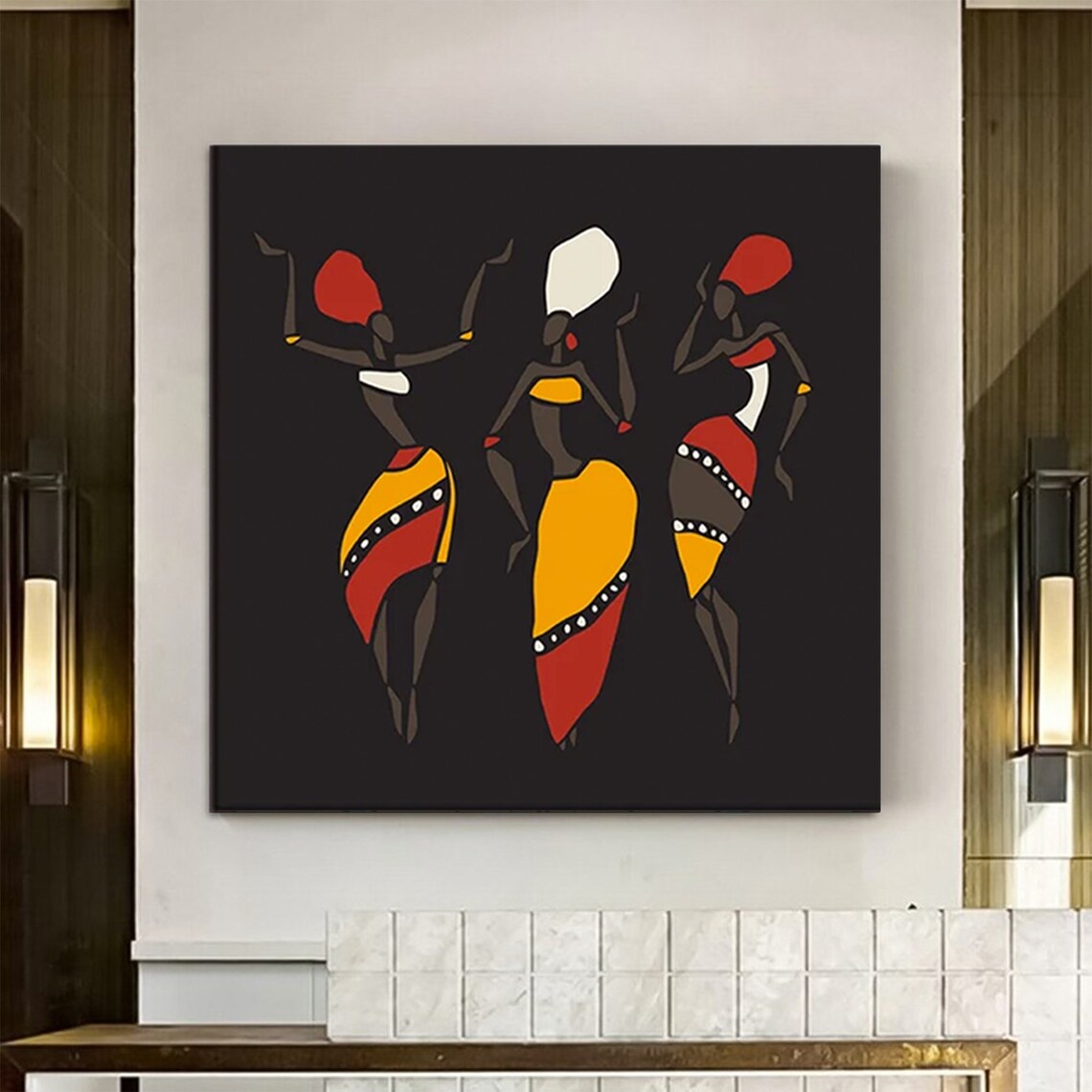African Tribal Women Dancing Red Yellow Stylized Folk Art Poster